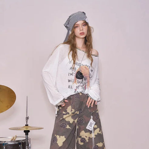 Summer New Arrival Casual Cool White Printed Long-Sleeved T-Shirt For Women